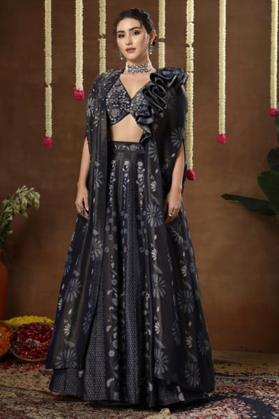 Blue print embroidered cape lehenga set