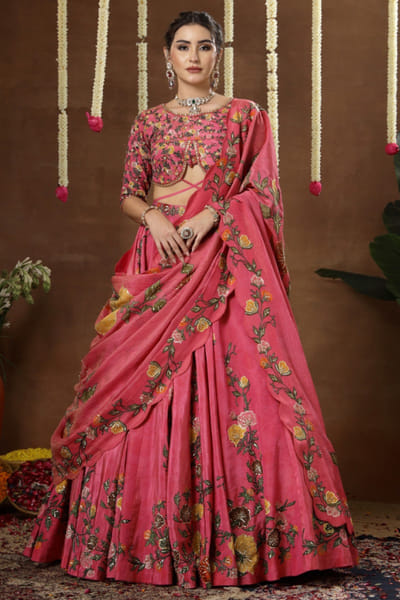 Pink embroidered and printed lehenga set