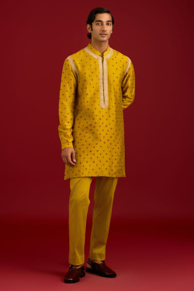 Mustard embroidered bandhej kurta set