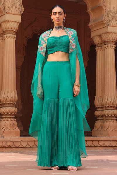 Green embroidered cape and gharara set