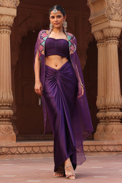 Purple embroidered cape set