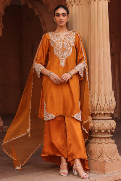 Mustard dori embroidered kurta set