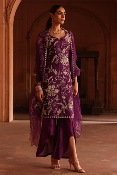 Purple floral dori embroidered kurta set