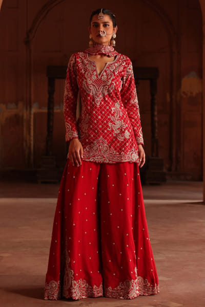 Red embroidered sharara set