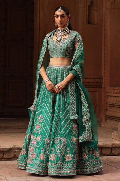 Green resham embroidered lehenga set
