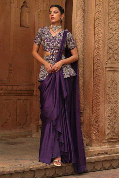 Purple resham embroidered peplum set