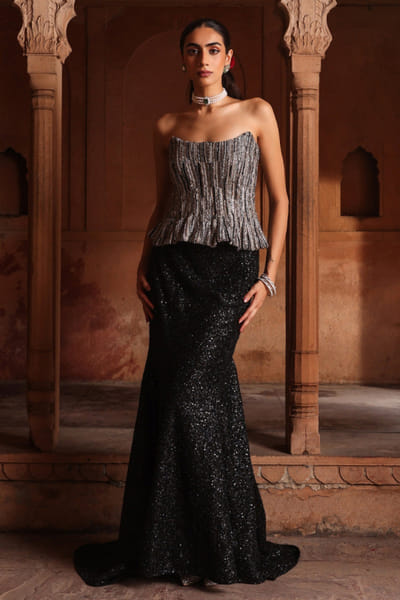 Black pearl embroidered fish tail lehenga