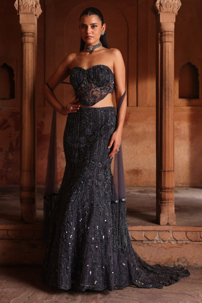 Grey 3D embellished fish lehenga set