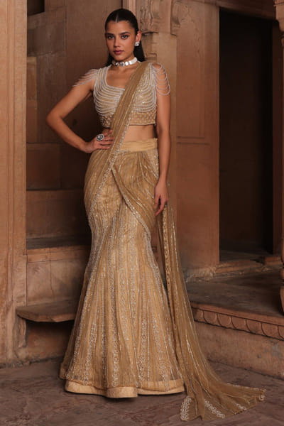 Gold pearl embroidered drape sari