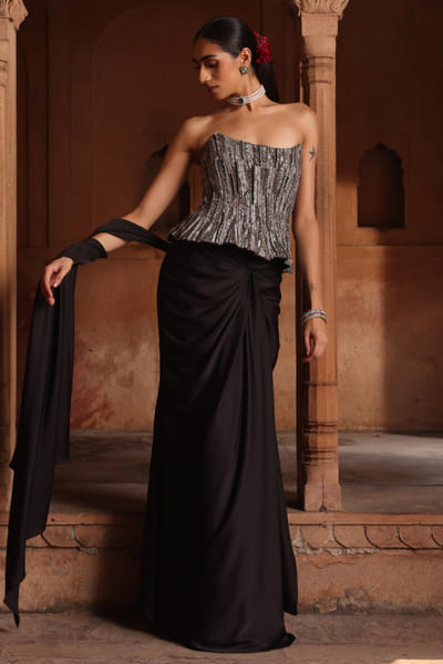 Black crystal embroidered drape sari