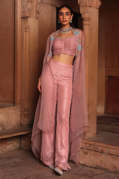 Pink geometric embroidered cape set