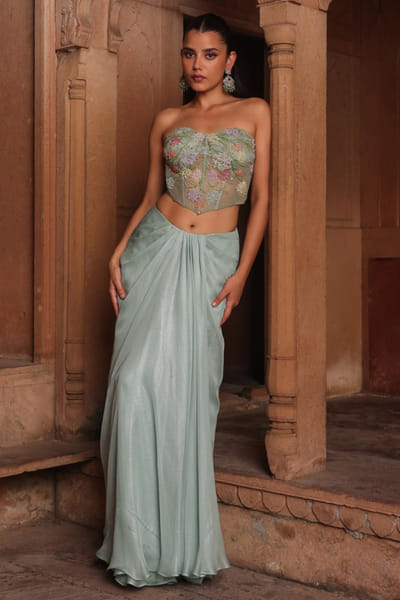 Blue katdana embroidered drape sari