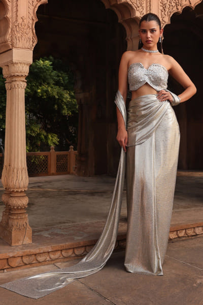 Silver metallic drape sari