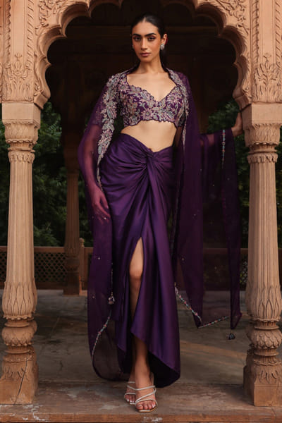 Purple floral embroidered cape set