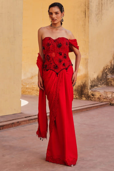 Red crystal embroidered corset drape sari set
