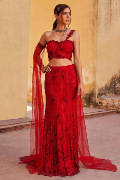 Red 3D embroidered fishtail lehenga set