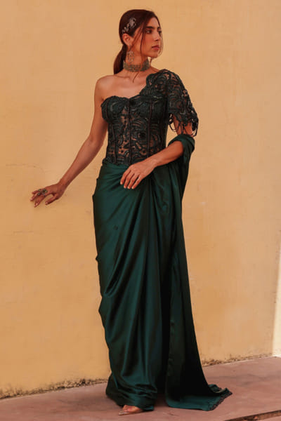 Bottle green embroidered corset drape sari set