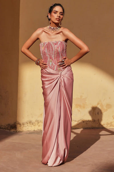 Pink bead embroidered corset drape skirt set