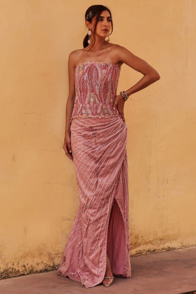 Pink bead embellished corset drape skirt set