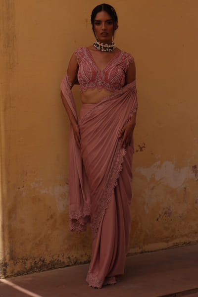 Pink embellished draped sari set