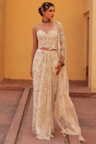 White bead embroidered draped sari set