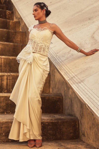 White embroidered draped skirt set