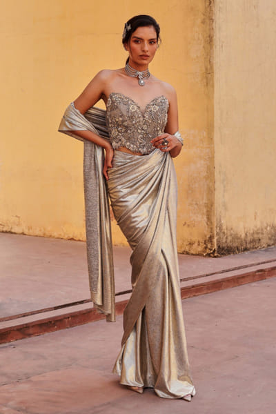Silver embroidered draped sari set