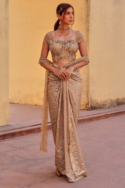 Gold lace embroidered draped sari set