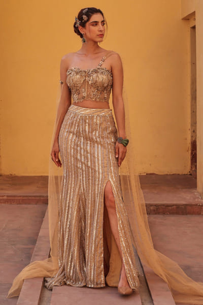 Gold embroidered fishcut lehenga set