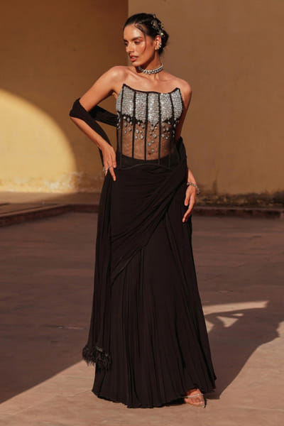 Black embroidered corset drape skirt set