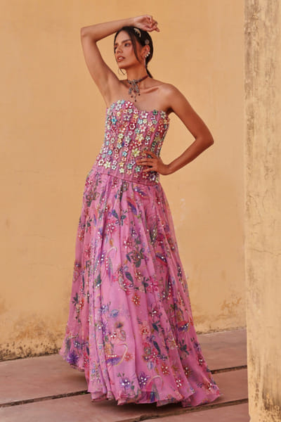 Lavender print embroidered corset lehenga set