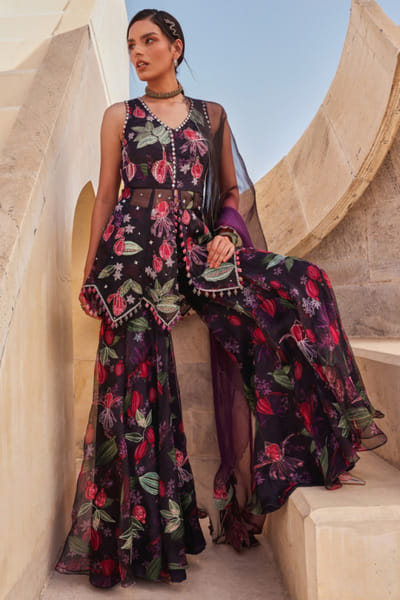 Black mirror embroidered peplum gharara set