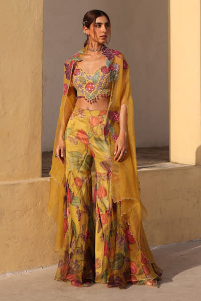Mustard yellow print embroidered cape set