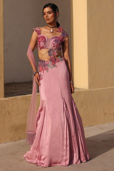 Lavender embroidered drape lehenga set