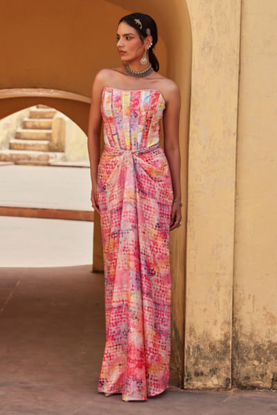 Multicolour embroidered corset drape skirt set