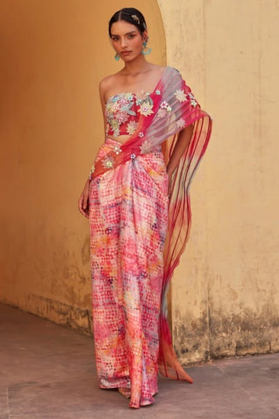 Multicolour appliqué draped sari set