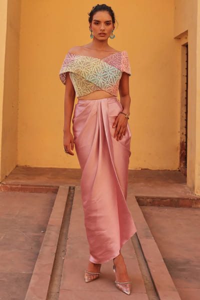 Multicoloured knitted drape skirt set