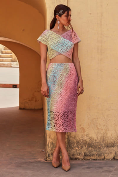 Multicoloured knitted skirt co-ord set