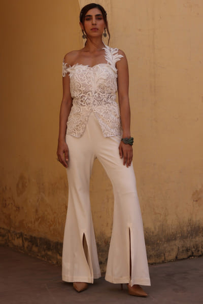 Off white lace embroidered peplum co-ord set