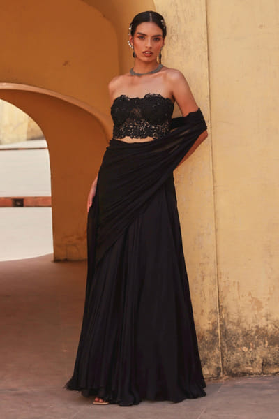 Black embroidered corset drape sari set