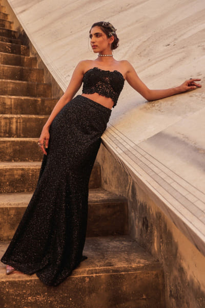 Black embroidered corset skirt set