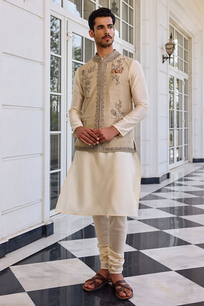 Slate green floral embroidered bandi kurta set