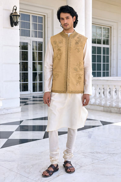 Golden beige floral embroidery bandi kurta set
