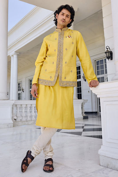 Yellow embroidered bandi kurta set