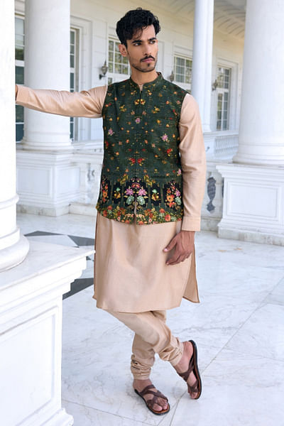 Army green floral printed bandi kurta set