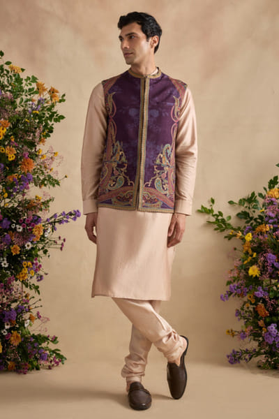 Beige and purple motif printed bandi kurta set