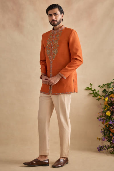 Orange embroidered jacket set