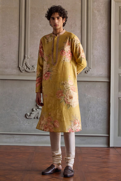 Kalista Lemon yellow floral printed kurta set KALIAUG26D152453
