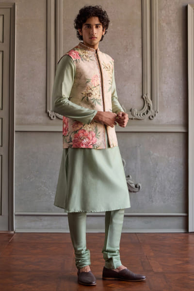 Kalista Beige floral printed bandi and kurta set KALIAUG26D152458