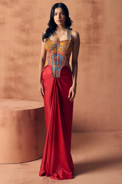 Multicoloured embroidered drape skirt set